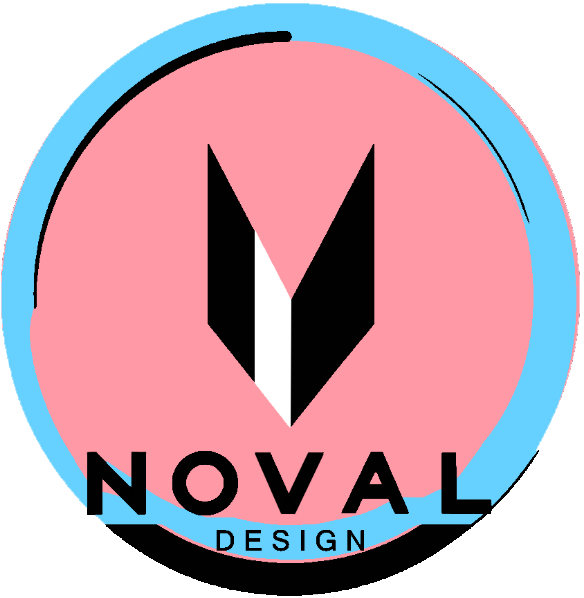 Logo for Noval Design. A light pink circle with a thick blue border. In the center is a black v shape with a white vertical stripe on the left side. Beneath it black text reads 'Noval Design'.
